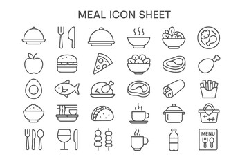 Meal Icon Sheet: A comprehensive sheet of icon food designs, ranging from familiar dishes to versatile symbols, ideal for culinary, dining, and menu design.