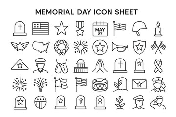 Memorial Day Icons: Set of minimalistic icons to honor and remember fallen heroes. A clean and respectful tribute in black and white line art.