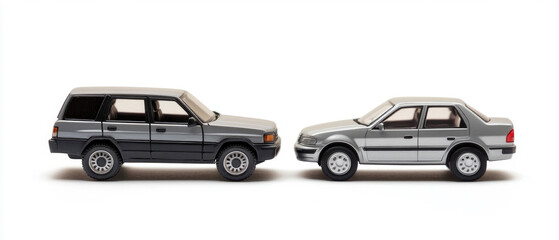 Naklejka premium Two silver cars on white background. Useful for advertising toys and collectible car models.