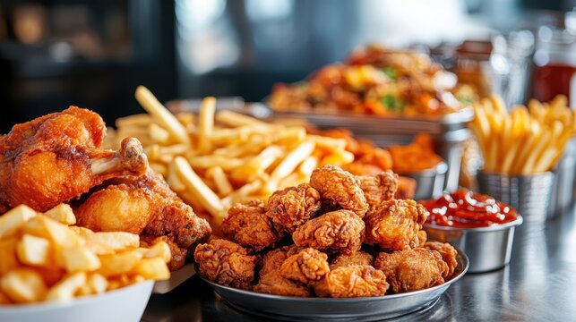 This inviting image presents a spread of crispy fried chicken and golden fries served with various dipping sauces, perfect for a casual meal or gathering.