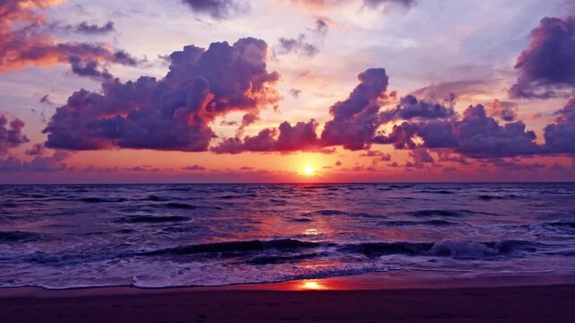 Beautiful Sunset beach on purple blue sky n dramatic red pink cloud or rain storm cloudscape over sea water horizon n calm ocean wave in tropical summer sunlight n sun ray, 4k romantic background 