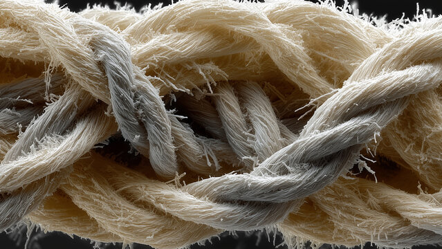Extreme close-up microscopic view of natural fabric fibers, revealing detailed weave patterns and texture, highlighting material structure, quality, and organic textile craftsmanship.