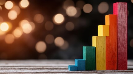 A vibrant array of colorful wooden bars rises in a graph format against a blurred background, showcasing growth, progress, and success in visual representation.