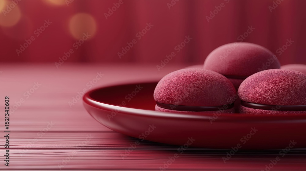 Poster red plate with three pink macarons on it. the plate is placed on a wooden table with a blurred backg