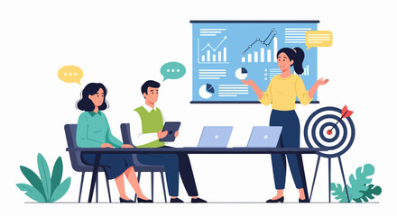 Professional vector illustration of a collaborative business meeting scene in a bright indoor setting
