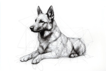 Detailed line drawing of a full-body German Shepherd dog in a lying pose. Minimalist black ink sketch style on a white background, ideal for design projects, tattoos, posters, and pet-themed artworks.