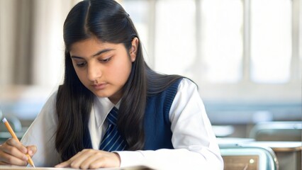 Indian girl focused on writing essay in class
