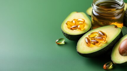This image showcases avocados, oil, and softgel capsules, highlighting the health benefits and vibrant colors of fresh ingredients alongside supplements in an appealing arrangement.