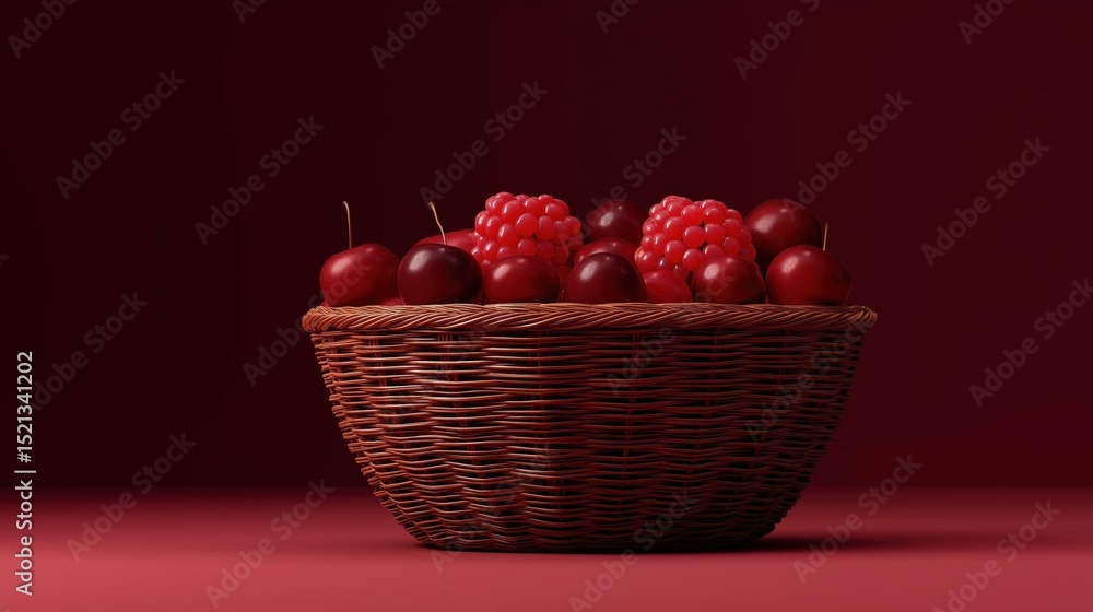 Poster 3d rendering of a basket filled with red cherries. the basket is made of woven wicker and is placed 
