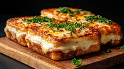 Golden-brown cheesy toasts topped with herbs create a delicious and savory image, ideal for conveying warmth and comfort in culinary-style photography.
