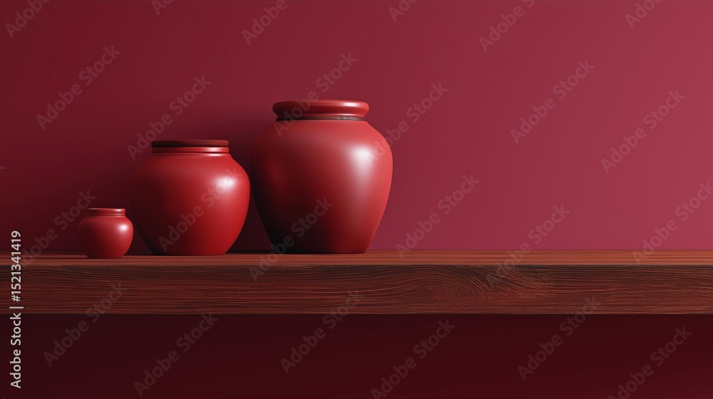 Poster three red vases and a small jar on a wooden shelf against a red wall. the vases are of different siz