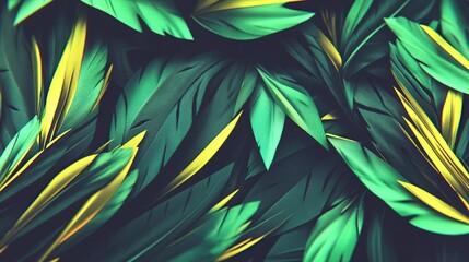 Lush green and gold feathers background, design texture