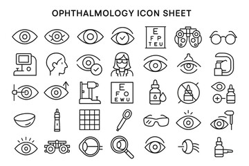 Ophthalmology Icon Sheet: A comprehensive and detailed collection of clean-lined ophthalmology icons, offering a visual guide to the tools and elements of eye care. 