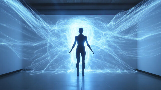 Brightly lit room with central figure creating shockwaves of telekinetic motion 
