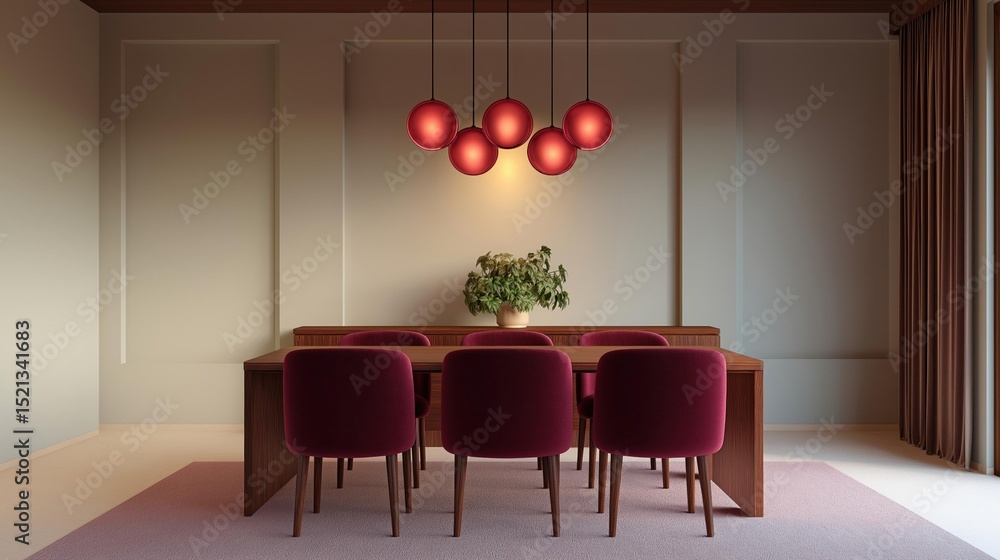 Poster modern dining room with a wooden table and six red chairs. the table is rectangular in shape and has