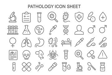 Pathology Icon Set: A comprehensive collection of meticulously crafted pathology icons, each one representing a facet of scientific study, diagnostic tools, and medical research