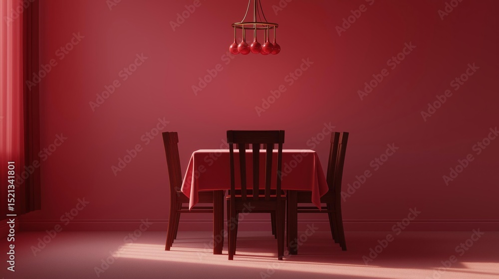 Poster dining room with a red wall and floor. the walls are painted in a deep red color and there is a larg