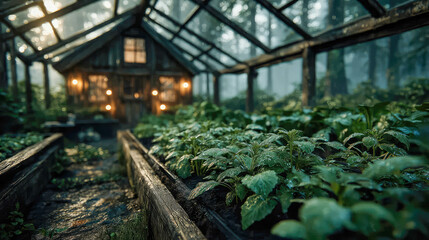 Fresh mint plants growing in moist soil inside a sunlit greenhouse, highlighting healthy organic farming