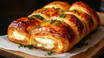 A mouthwatering pastry freshly baked to a golden brown, filled with creamy cheese and decorated with fresh herbs, perfect for a cozy meal or snack.