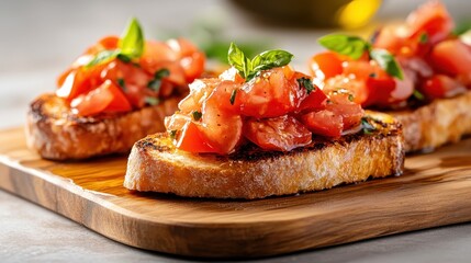 Tasty bruschetta topped with fresh diced tomatoes and basil on a wooden board, presenting a delightful appetizer rich in color and flavor that tempts your taste buds.