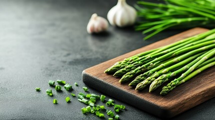 A vibrant arrangement of fresh asparagus stalks alongside garlic on a wooden board, showcasing the beauty of natural ingredients with an emphasis on healthy cooking.