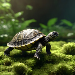 Turtle's Journey on Mossy Terrain: A captivating depiction of a small turtle embarking on a journey across a vibrant, lush carpet of moss, highlighting its determination and the beauty of nature.