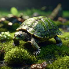 Obraz premium Tortoise's Journey Through Moss: A close-up of a tortoise navigating a lush, verdant environment, showcasing its textured shell and a sense of tranquil perseverance. 