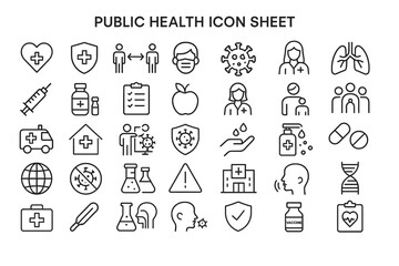 Public Health Icon Sheet: A comprehensive collection of line icons related to public health, including medical symbols, virus imagery, and preventive measures.
