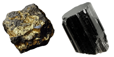 PNG Two distinct mineral specimens displayed on a transparent background.