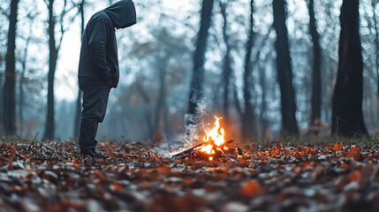 Silhouette Person By Autumn Campfire