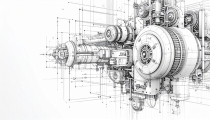 Detailed Engineering Drawing of a Complex Futuristic Machine Showing Intricate Mechanisms and Technical Specifications
