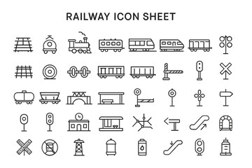 Railway Icon Sheet: A comprehensive railway icon sheet, artfully designed, showcasing various railway elements, signaling systems, and infrastructure components, perfect for illustrative use.