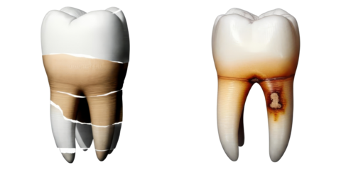 PNG Two dental illustrations showcase healthy and decayed teeth.