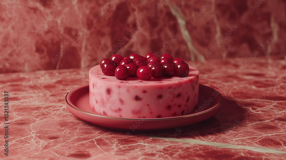 Aufkleber round cake on a red plate. the cake is pink in color and has a smooth texture. on top of the cake, t