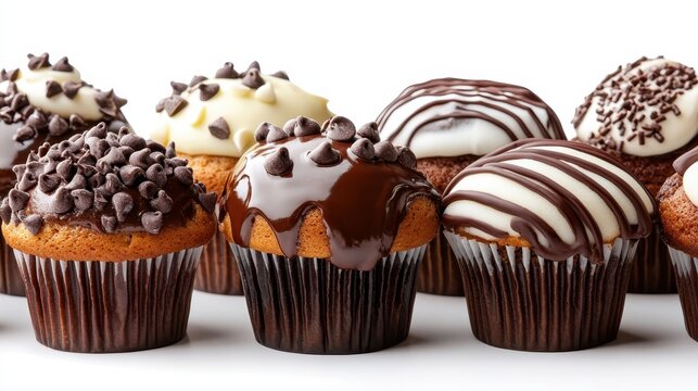 A tempting array of delectable cupcakes topped with various chocolate decorations, showcasing sweetness and indulgence in a delightful dessert display.