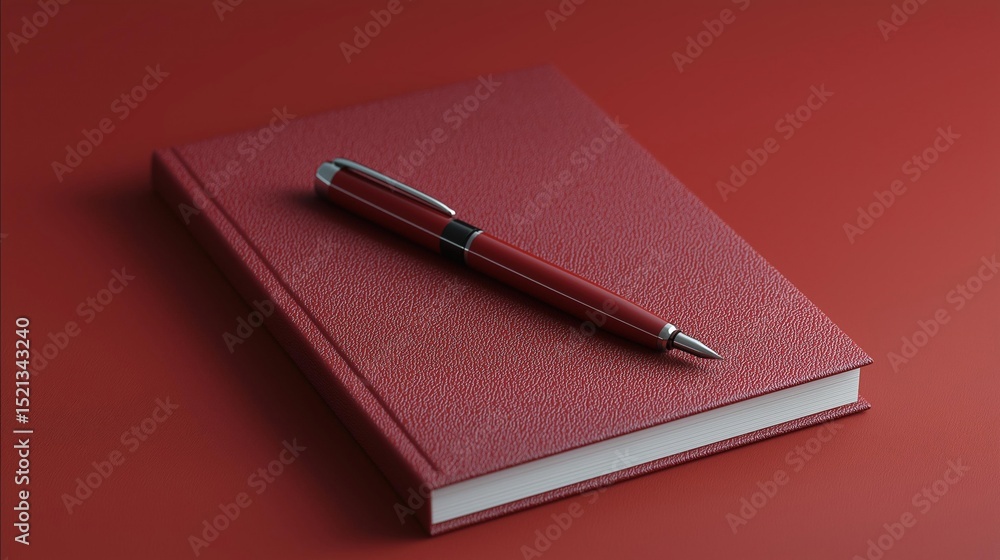 Poster red notebook with a pen resting on top of it. the notebook appears to be made of leather or a simila