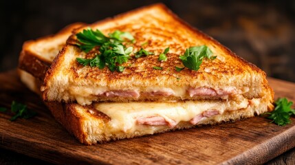 A mouth-watering grilled cheese sandwich, golden brown and crispy, oozing melted cheese, served on a rustic wooden board, enticing viewers with its warmth and flavor.