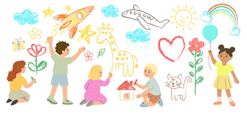 A group of five children joyfully draw with colorful chalk on a pavement in a park. They create various designs, including animals, flowers, and stars under a clear blue sky.