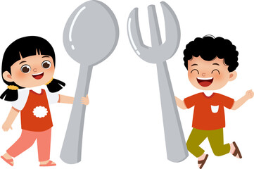 boy and girl with spoon and fork