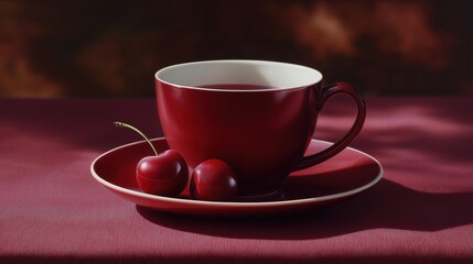 Fototapeta premium Red cup and saucer on a red tablecloth. the cup is filled with a dark red liquid, possibly tea or coffee, and there are two cherries on the saucer. the cherries are bright red and appear to be fresh.