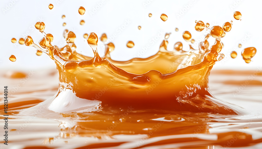 Poster isolated splash action of hot caramel liquid on a white background. fluid motion in a dynamic form. 