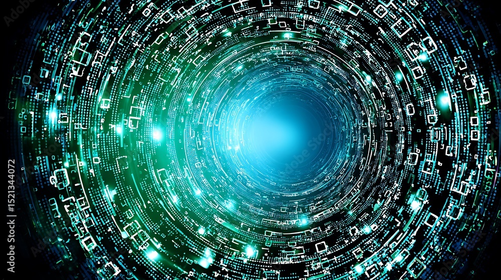 Poster digital tunnel with glowing geometric patterns