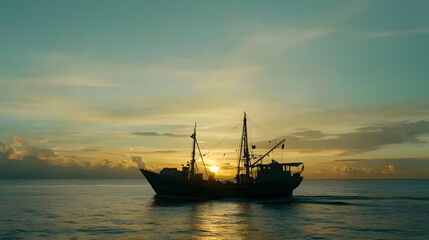 Silhouette Fishing Boat At Sunrise