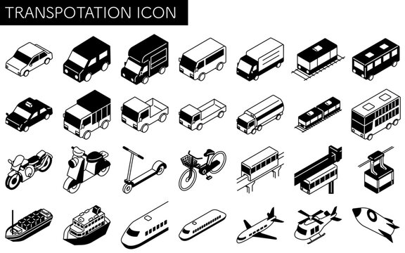 Vehicle icon set, set of simple and cute isometric black and white line drawing icons of bicycles, motorcycles, cars, public transportation, etc