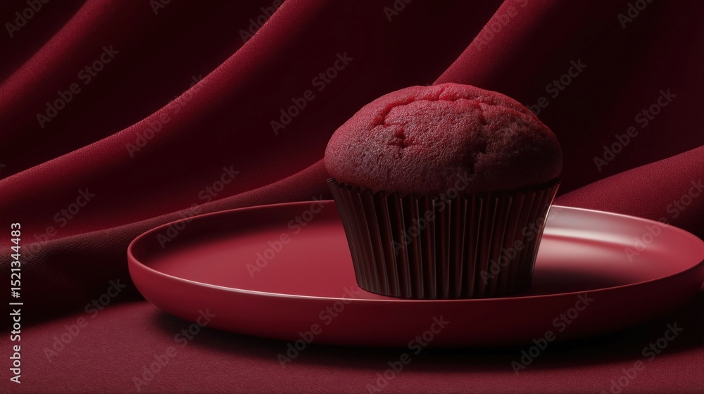 Poster single red cupcake on a red plate. the cupcake is in the center of the image and is placed on a dark
