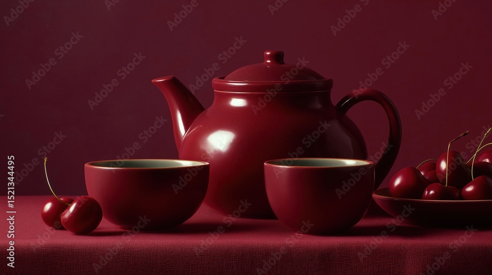 Aufkleber red teapot and two cups on a red tablecloth. the tea set is made of ceramic and has a spout and lid 