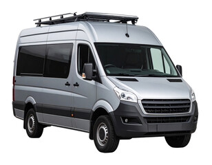 Urban-style cargo van with roof rack and tinted windows, front 3/4 angle, isolated PNG
