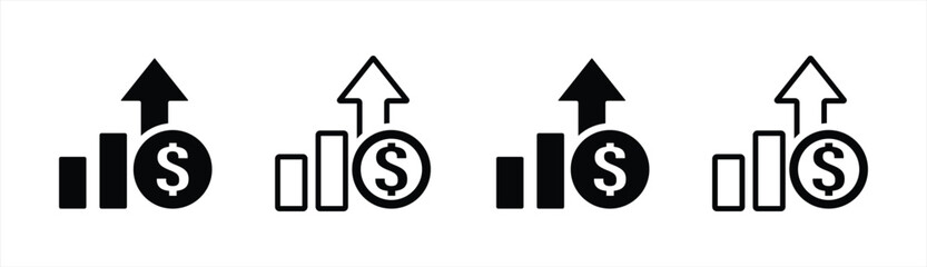 Dollar rate increase vector icon set. Rise cost vector illustration. Business money cash increase signs set