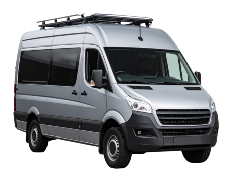 Urban-style cargo van with roof rack and tinted windows, front 3/4 angle, isolated PNG