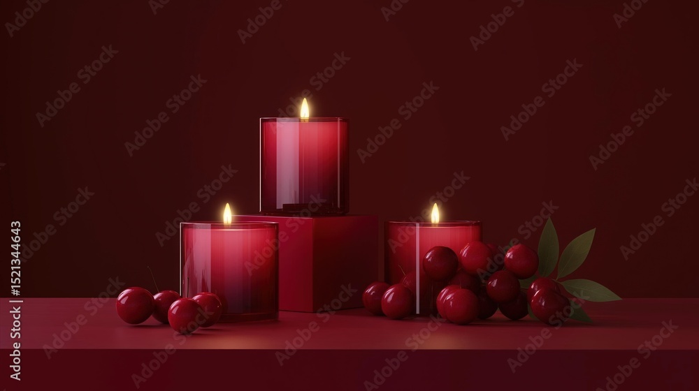 Poster three red candles on a red background. the candles are arranged in a triangular formation, with the 